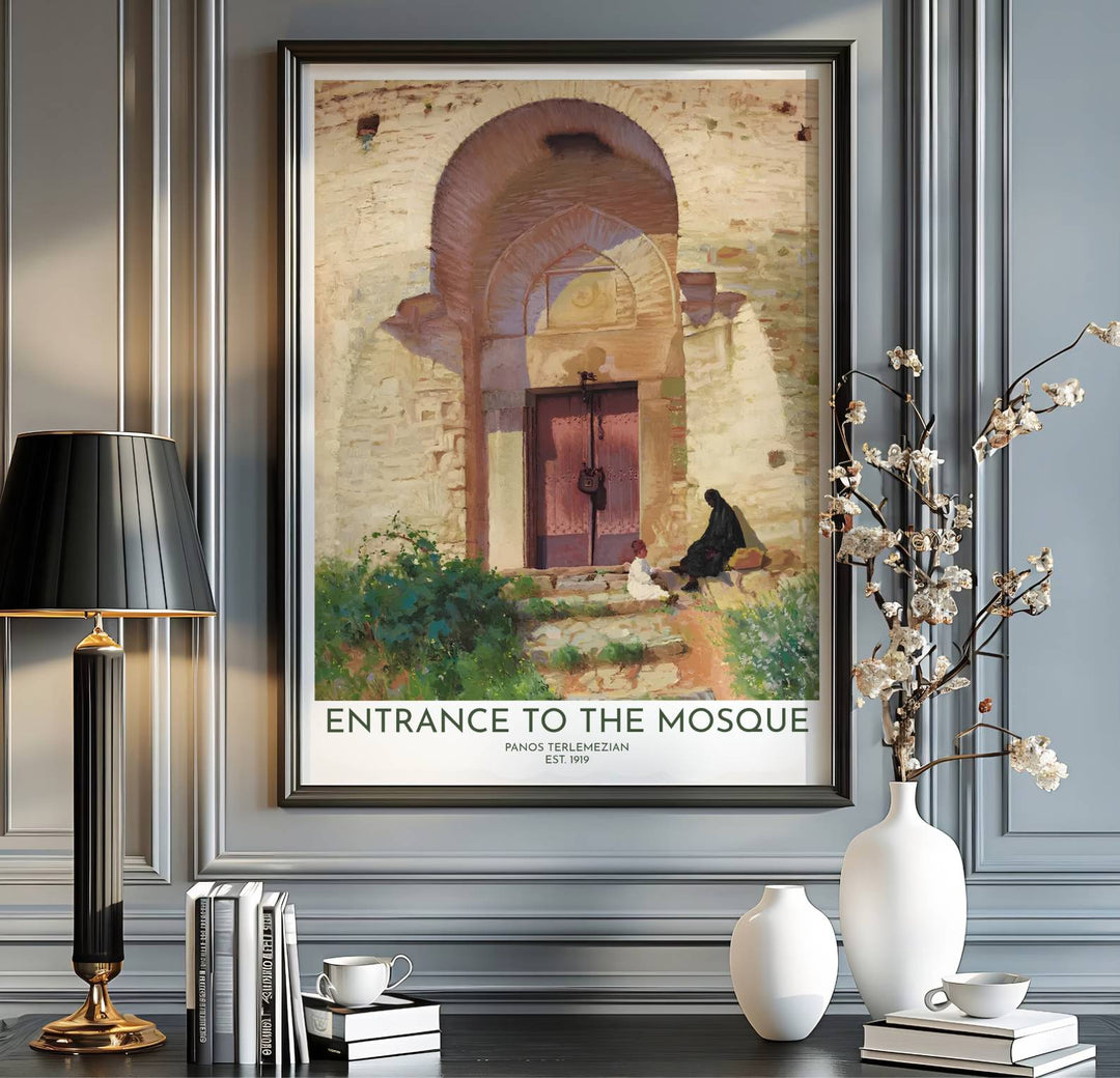 Fine art travel print showing Entrance to the Mosque in an elegant early 20th century impressionist oil painting style by Terlemezian. Handcrafted by MapYourDreams, this artwork is available in flexible options including unframed paper, custom wooden frames, and gallery canvas wraps for gallery wall displays.