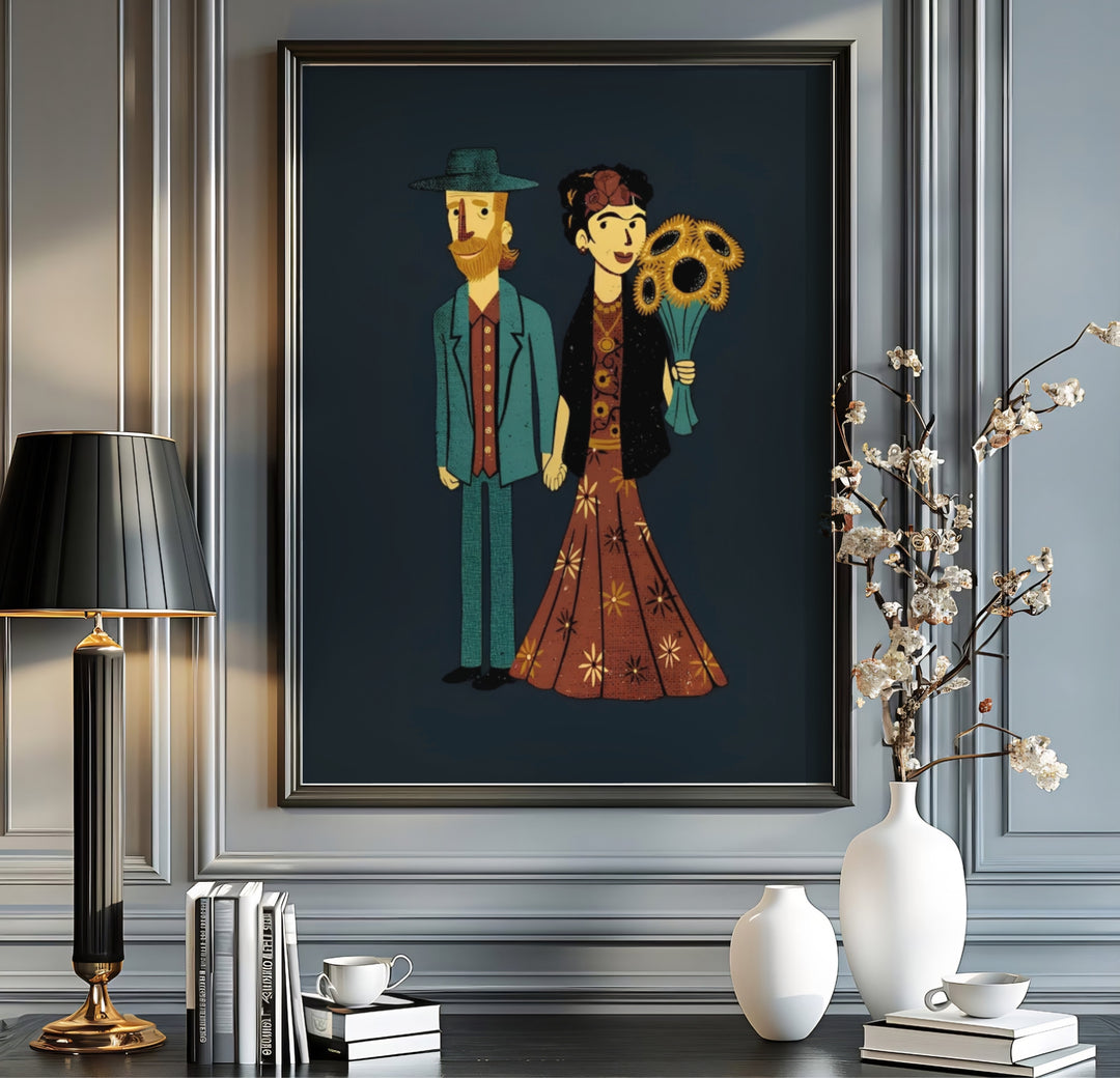 Retro folk art style print of Frida Kahlo And Van Gogh Couple 1939 portraying Van Gogh and Frida holding hands in Coyoacán, Mexico City. MapYourDreams supplies custom framed paper prints, unframed wall art, and stretched canvas prints ideal for eclectic interior wall spaces.
