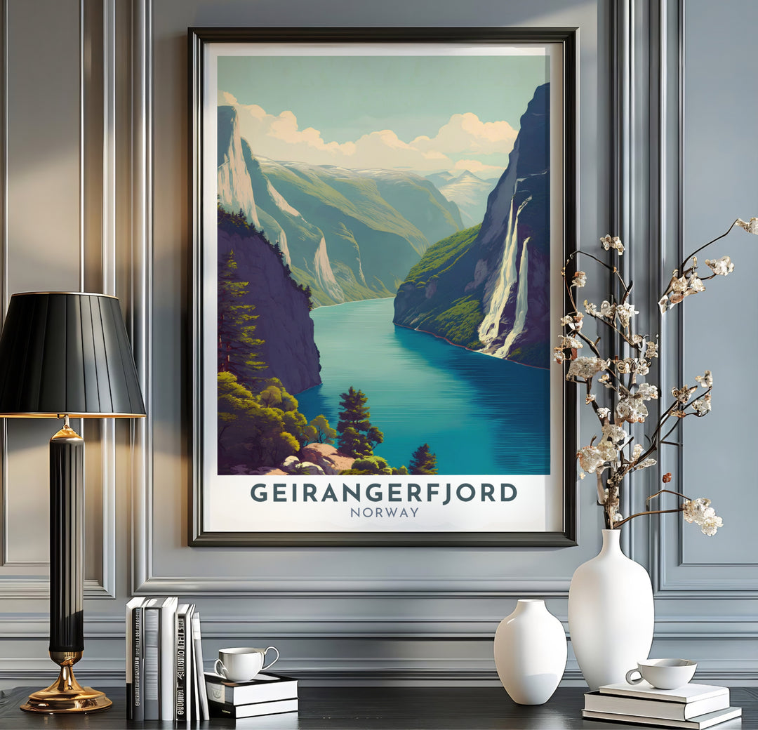 Spectacular view of the Seven Sisters Waterfall at Geirangerfjord Norway set against deep mountain valleys and soft blue skies. This landscape wall decor piece is offered in a wide selection of choices including ready to hang framed prints, stretched canvas panels, and classic unframed paper prints.