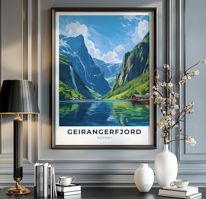Breathtaking view of a fjord cruise liner sailing through Geirangerfjord Norway past traditional red wooden buildings on the shore. This travel landscape piece is offered across multiple formats including custom framed prints, premium canvas stretched artwork, and classic unframed poster options.