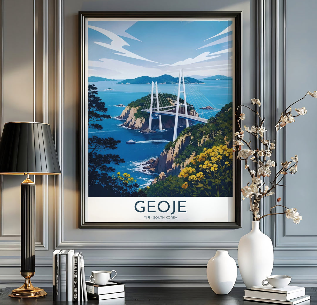 Modern vintage travel print with clean typography reading GEOJE SOUTH KOREA below a scenic vector illustration of Geoga Bridge spanning turquoise ocean waters. Offered by MapYourDreams, this artwork is available in flexible options including unframed paper, custom wooden frames, and gallery canvas wraps.