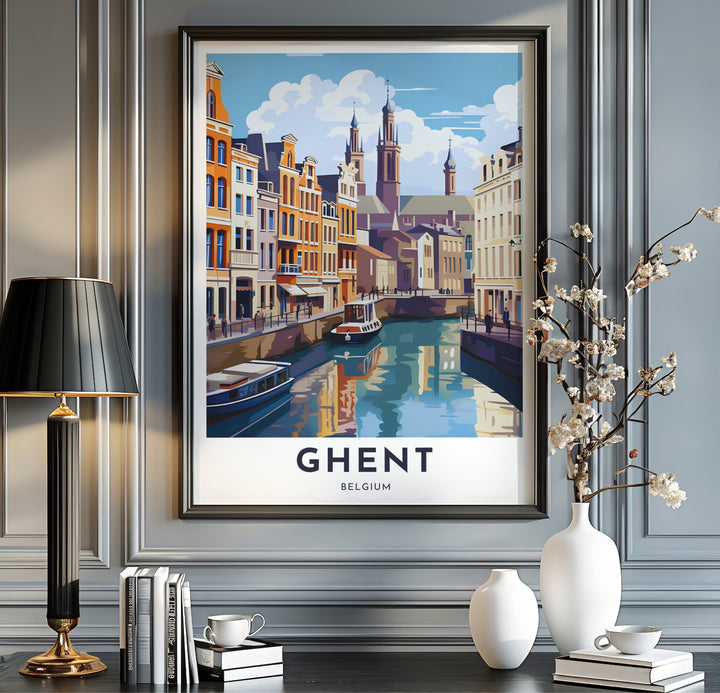 Vibrant travel illustration showing canal reflections and historic step-gabled buildings in Ghent, Belgium. Available from MapYourDreams in multiple presentation formats including unframed archival paper, handcrafted frames, and gallery wrapped canvas styles.