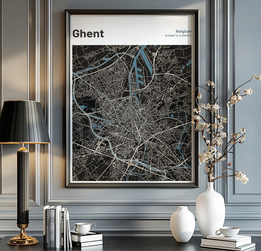 Elegant dark mode street map print highlighting the canals and roads across Ghent, Belgium. Offered by MapYourDreams, this artwork is available in flexible options including unframed paper, custom wooden frames, and gallery canvas wraps.