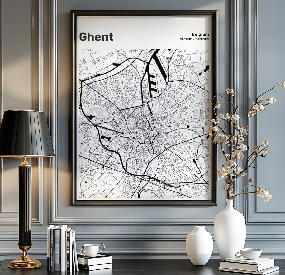 Minimalist urban map poster displaying precise geographic coordinates for Ghent, Belgium. Available from MapYourDreams in multiple presentation formats including unframed archival paper, handcrafted frames, and gallery wrapped canvas styles.