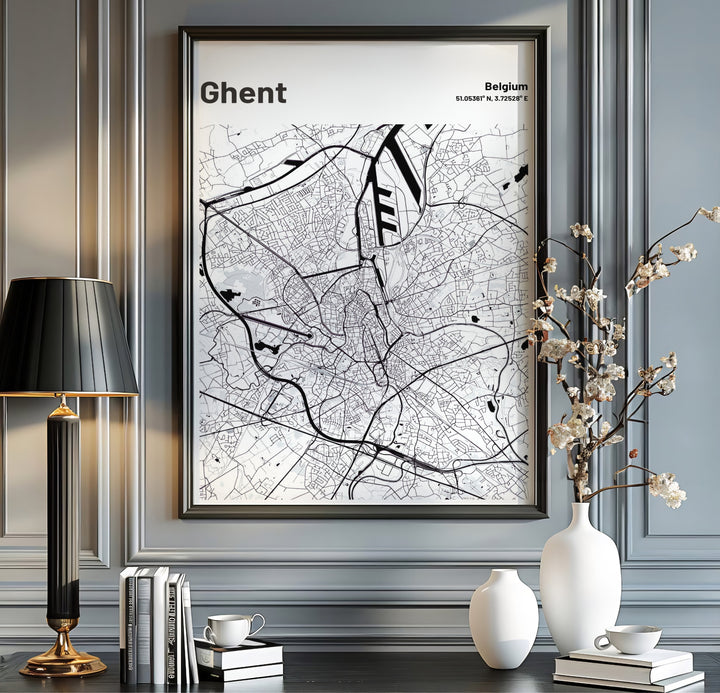 Minimalist urban map poster displaying precise geographic coordinates for Ghent, Belgium. Available from MapYourDreams in multiple presentation formats including unframed archival paper, handcrafted frames, and gallery wrapped canvas styles.