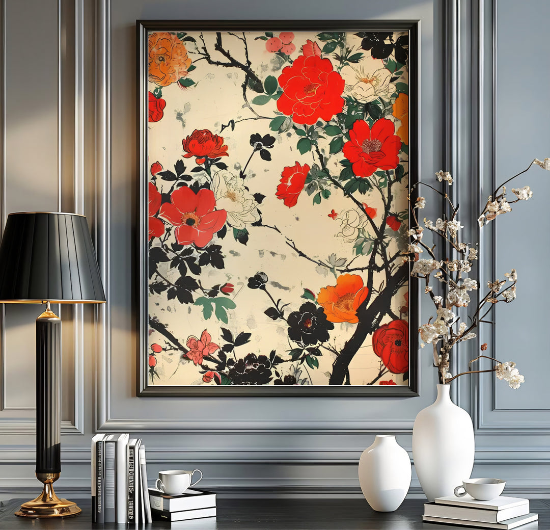 Japanese crimson camellias on aged parchment by artist Katsushika Hokusai inspired by traditional tea house gardens in Kyoto. MapYourDreams offers versatile framed, unframed, and canvas print wall decor formats.
