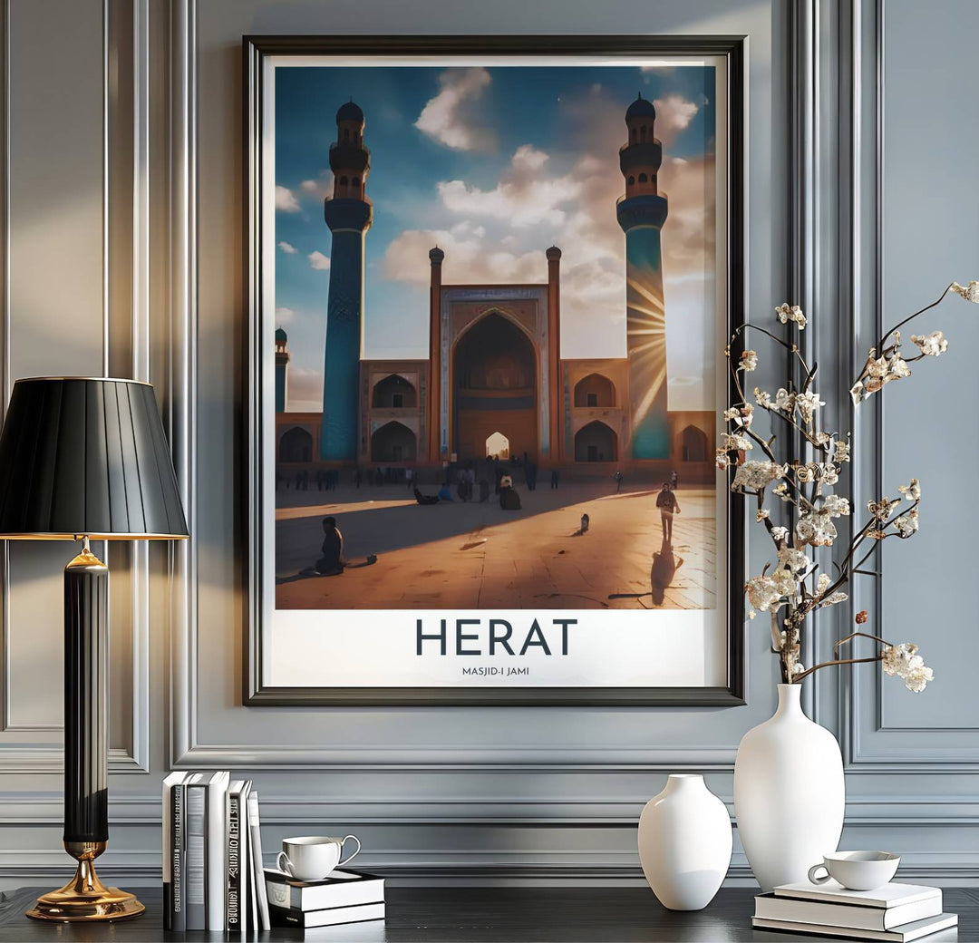 Afghanistan travel print showing Great Mosque of Herat in a dramatic sunset backlighting photography style. Handcrafted by MapYourDreams, this artwork is available in flexible options including unframed paper, custom wooden frames, and gallery canvas wraps for gallery wall displays.