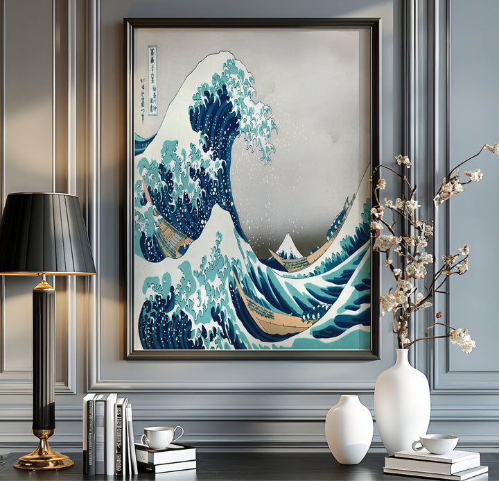 Japanese Prussian blue ocean wave with white claw foam by artist Katsushika Hokusai inspired by historic Kanagawa sea routes toward Mount Fuji. MapYourDreams offers versatile framed, unframed, and canvas print wall decor formats.