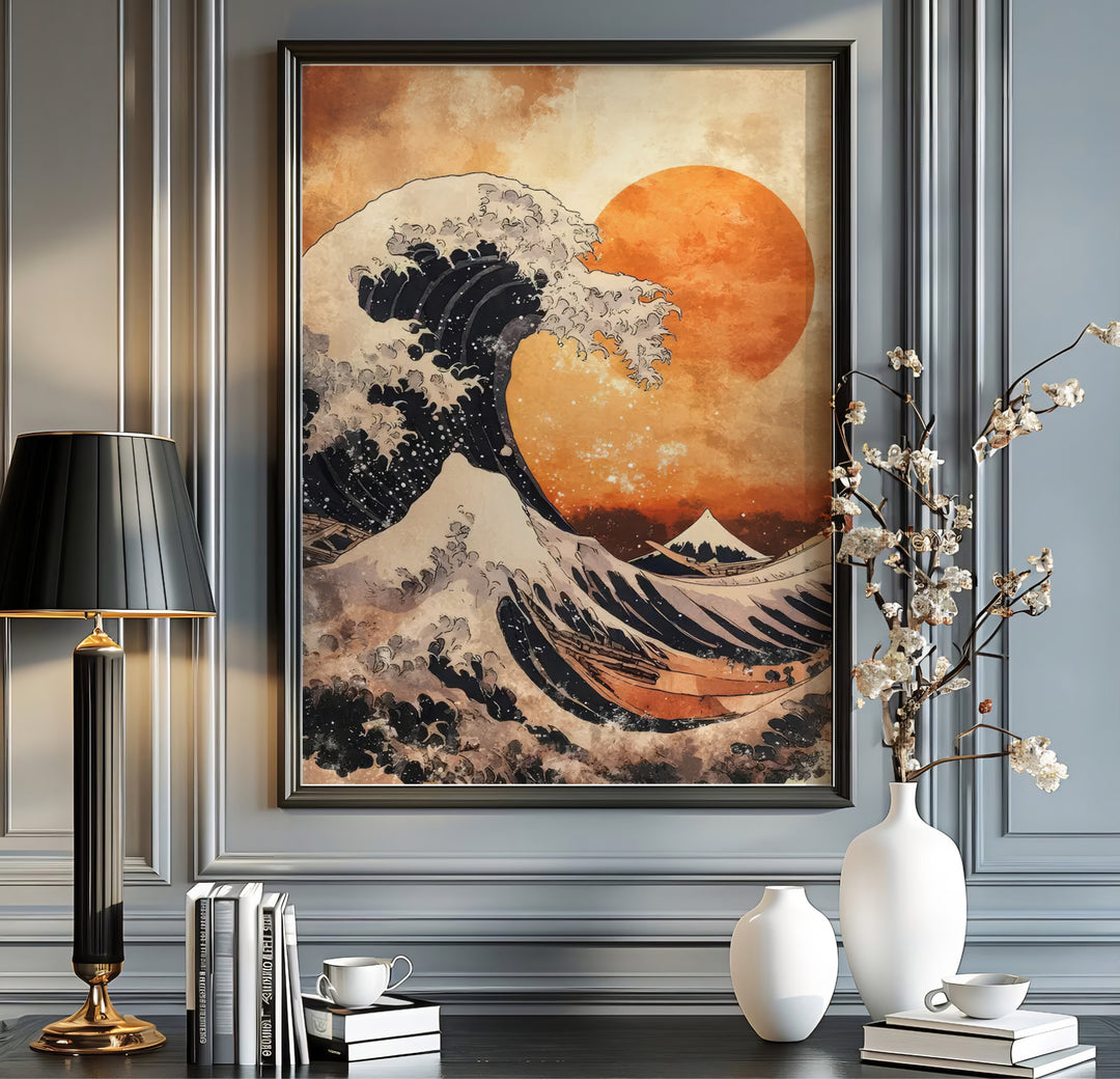 Japanese warm sunset ocean wave with white foam spray by artist Katsushika Hokusai inspired by historic Kanagawa sea routes toward Mount Fuji. MapYourDreams offers versatile framed, unframed, and canvas print wall decor formats.