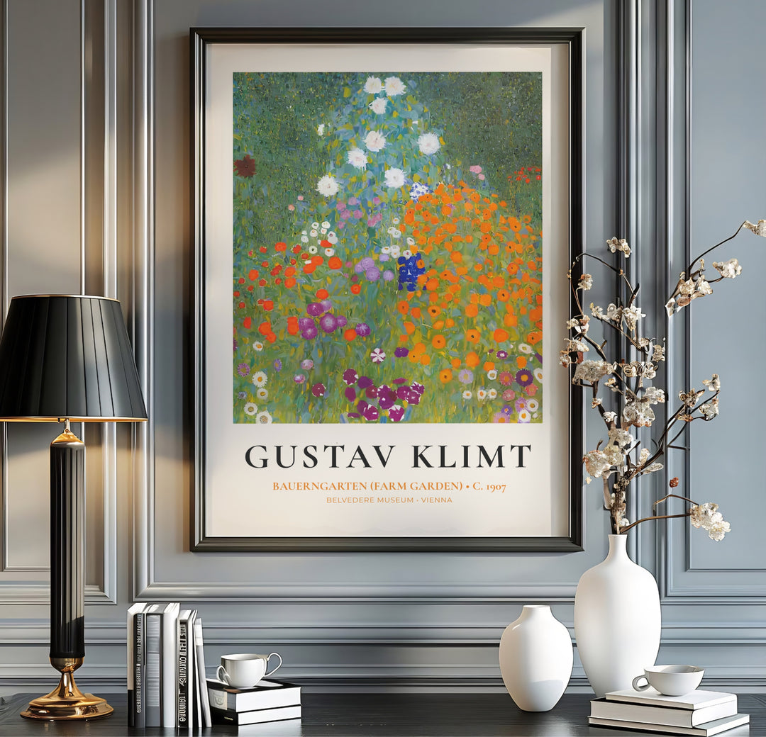 Vibrant botanical canvas print of Gustav Klimt Bauerngarten Farm Garden 1907 depicting historic garden painting in Vienna, Austria. MapYourDreams offers versatile framed wall art, unframed poster prints, and stretched canvas choices for art collectors and floral decor enthusiasts.