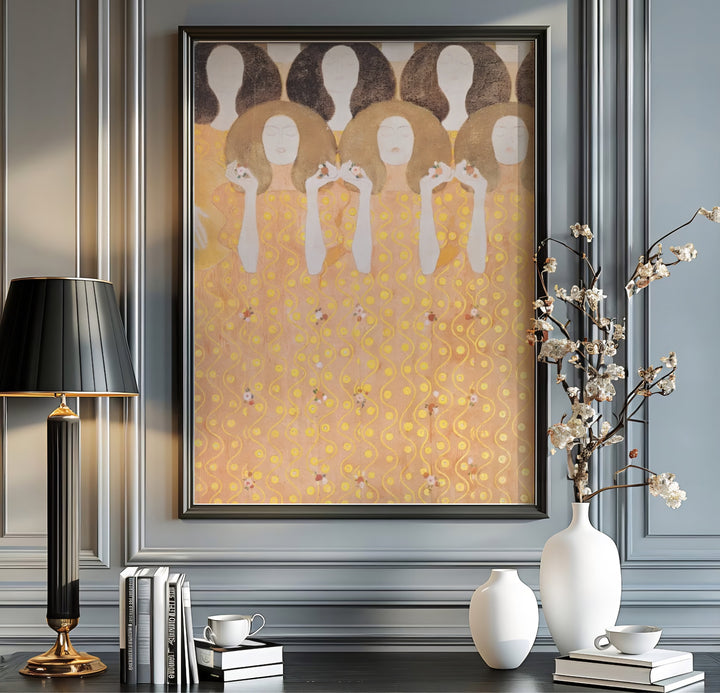 Authentic Austrian master view poster of Gustav Klimt Beethoven Frieze Secession Building Vienna 1902 showing rhythmic female figures from the Secession Building in Vienna, Austria. Order custom framed prints, unframed paper wall art, or gallery canvas options from MapYourDreams to transform your lounge area.