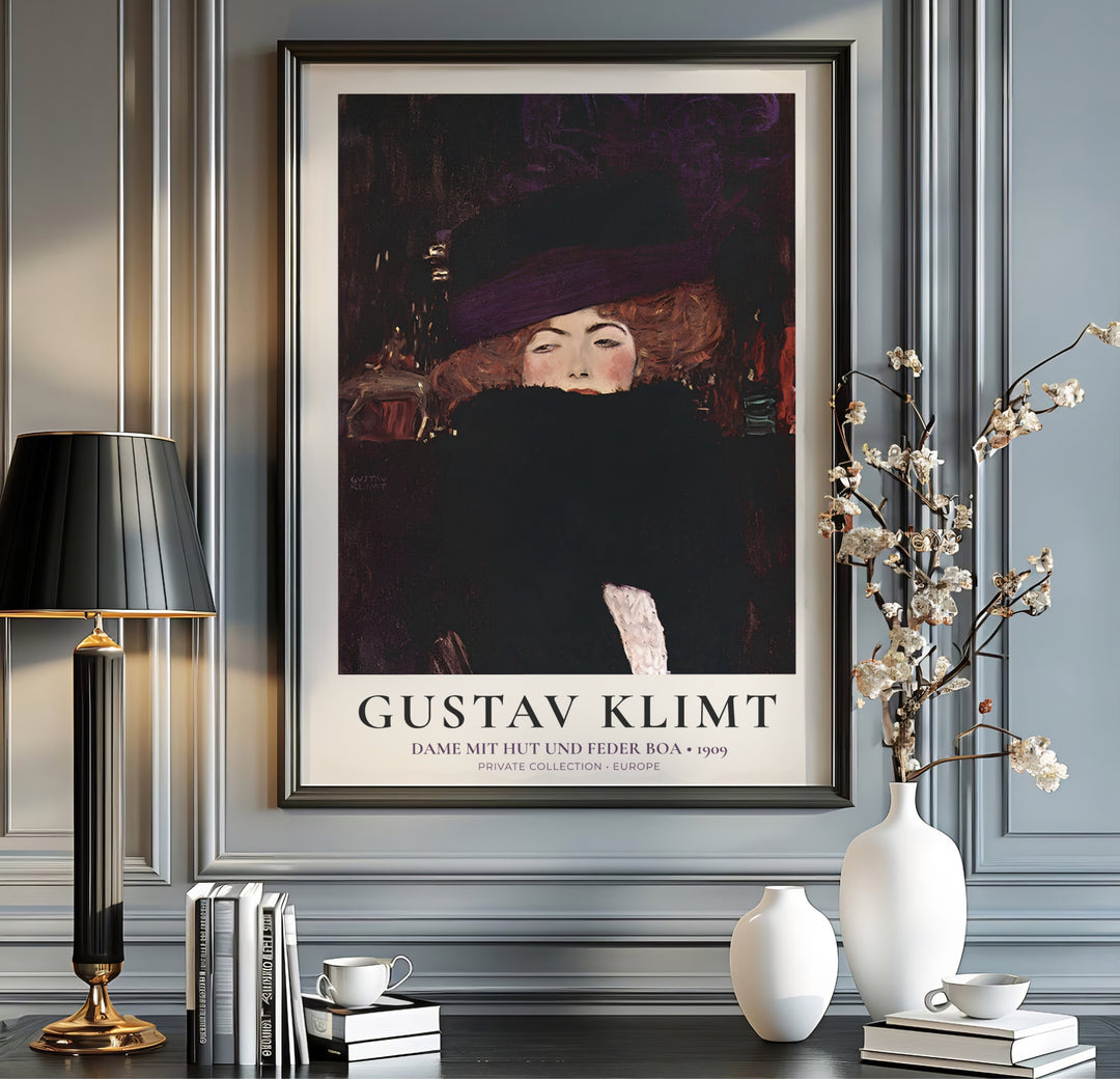 Authentic Austrian master portrait poster of Gustav Klimt Dame Mit Hut Und Federboa 1909 showing a veiled woman from a Private Collection in Europe. Order custom framed prints, unframed paper wall poster art, or gallery canvas options from MapYourDreams to transform your lounge space.
