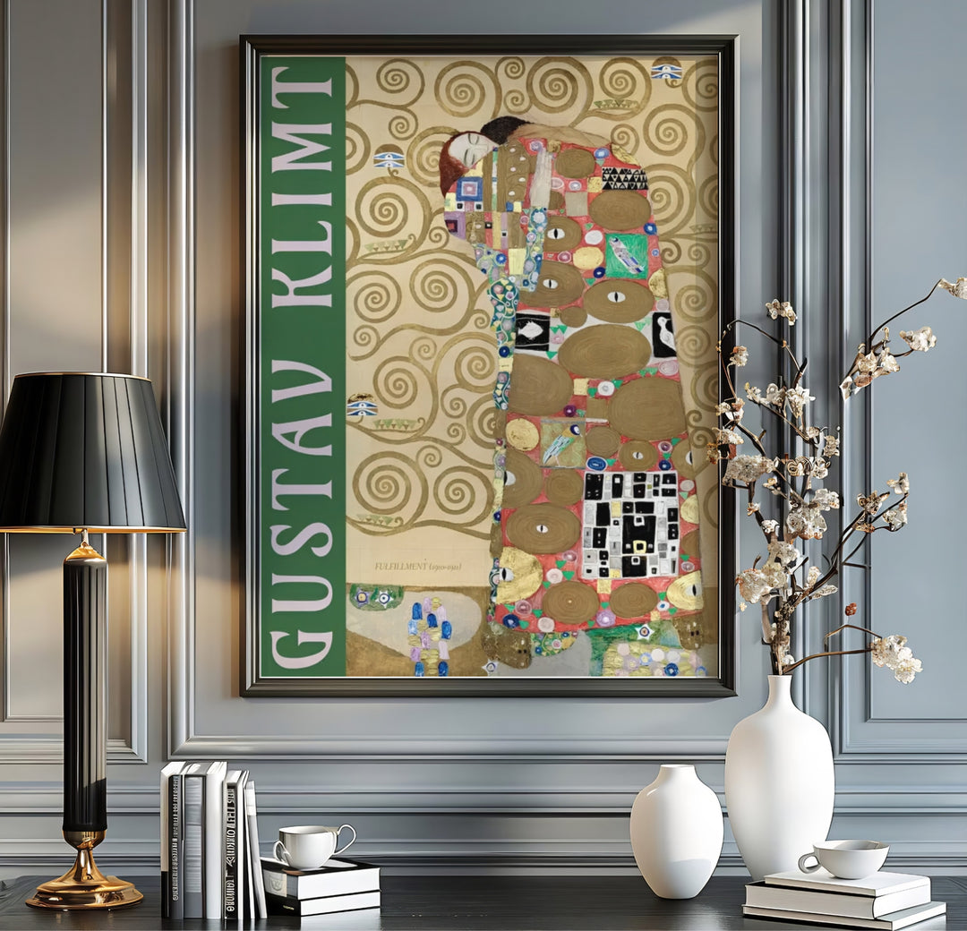Historical museum exhibition poster of Gustav Klimt Fulfillment Die Erfullung 1909 illustrating iconic Golden Phase spiral motifs from the Stoclet Palace in Brussels Belgium. MapYourDreams delivers archival framed wall art, unframed paper poster prints, and gallery canvas wall decor for entryways.