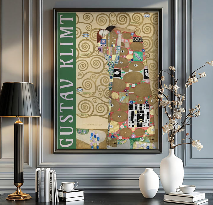 Historical museum exhibition poster of Gustav Klimt Fulfillment Die Erfullung 1909 illustrating iconic Golden Phase spiral motifs from the Stoclet Palace in Brussels Belgium. MapYourDreams delivers archival framed wall art, unframed paper poster prints, and gallery canvas wall decor for entryways.
