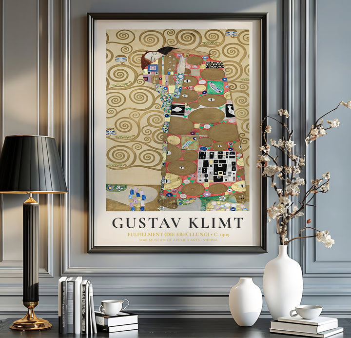 Fine art wall decor poster of Gustav Klimt Fulfillment Die Erfüllung 1909 showing stylized robes and mosaic patterns from the Palais Stoclet in Brussels Belgium. MapYourDreams supplies custom framed paper prints, unframed wall posters, and gallery stretched canvas art suitable for modern rooms.