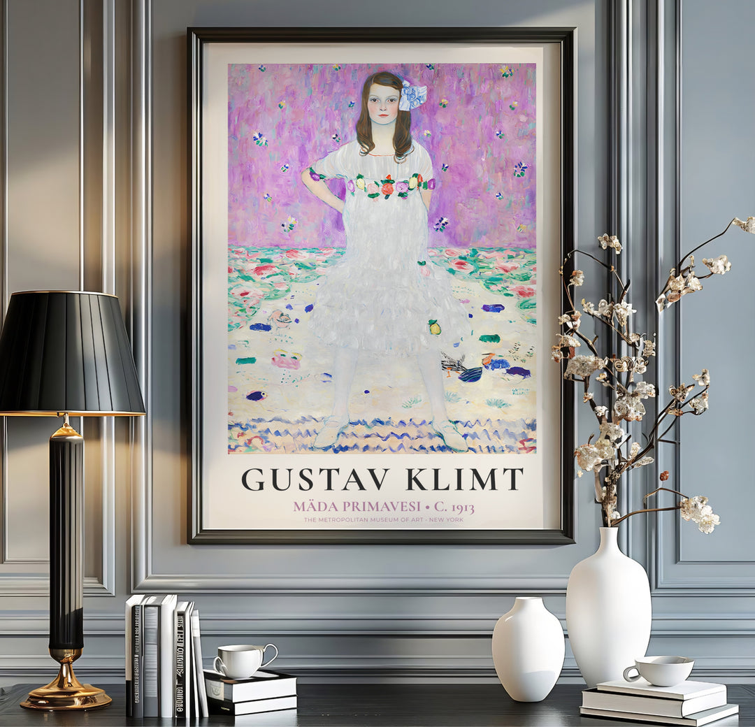 Authentic Symbolist portrait poster of Gustav Klimt Mada Primavesi 1913 showing a girl surrounded by toys and flowers from The Metropolitan Museum of Art in New York. Order custom framed prints, unframed paper wall poster art, or gallery canvas options from MapYourDreams to decorate your room.