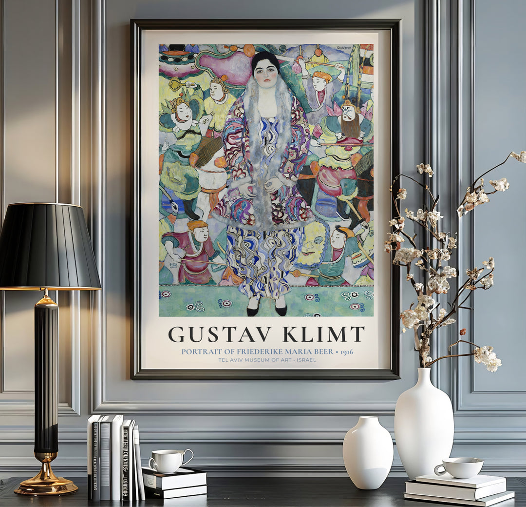 Intricate jewel-toned portrait poster print of Gustav Klimt Portrait Of Friederike Maria Beer 1916 preserved at Tel Aviv Museum of Art in Israel. MapYourDreams features high-quality framed wall decor, unframed poster prints, and stretched canvas options designed for sophisticated living room spaces.
