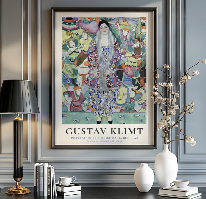 Intricate jewel-toned portrait poster print of Gustav Klimt Portrait Of Friederike Maria Beer 1916 preserved at Tel Aviv Museum of Art in Israel. MapYourDreams features high-quality framed wall decor, unframed poster prints, and stretched canvas options designed for sophisticated living room spaces.