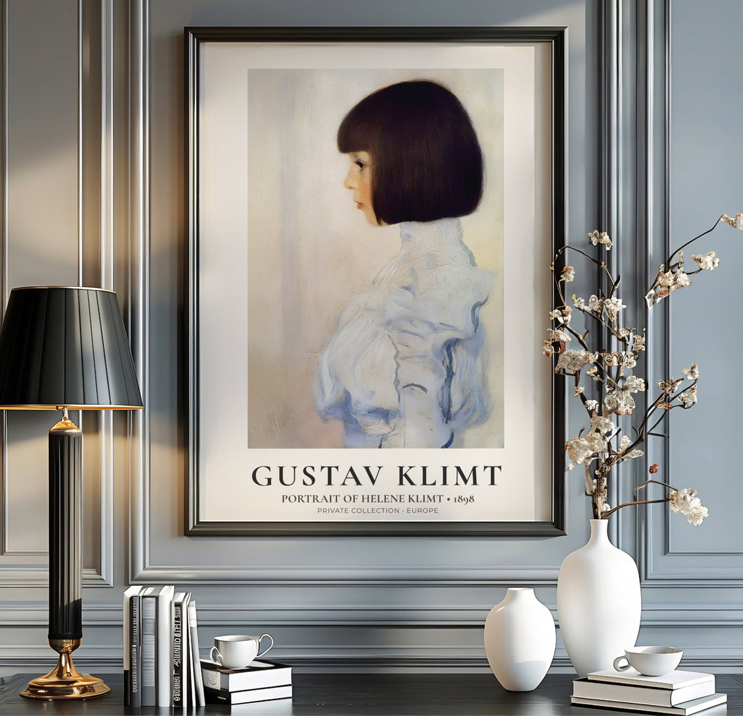 Fine art profile wall decor poster of Gustav Klimt Portrait Of Helene Klimt 1898 showcasing delicate white blouse details from a Private Collection in Europe. MapYourDreams supplies custom framed paper prints, unframed wall posters, and gallery stretched canvas art suitable for modern rooms.