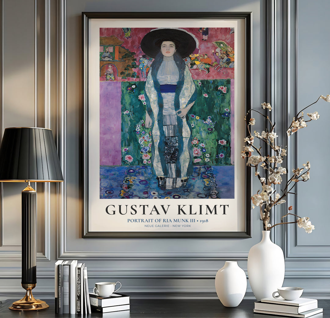 Museum quality fine art poster of Gustav Klimt Portrait Of Ria Munk III 1918 detailing rich pink, green, and cobalt blue tones from Neue Galerie New York. MapYourDreams provides premium framed prints, unframed paper wall poster decor, and stretched canvas choices for home interiors.