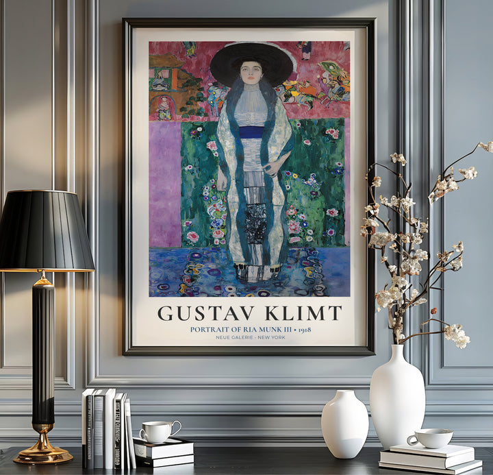 Museum quality fine art poster of Gustav Klimt Portrait Of Ria Munk III 1918 detailing rich pink, green, and cobalt blue tones from Neue Galerie New York. MapYourDreams provides premium framed prints, unframed paper wall poster decor, and stretched canvas choices for home interiors.