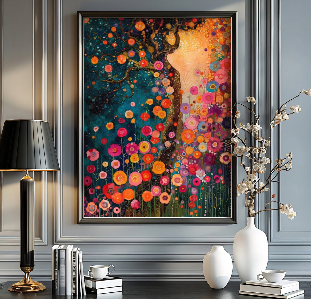 High-definition fine art poster of Gustav Klimt Style Dream Of Flowers detailing intricate floral patterns and glowing night background hues. MapYourDreams provides premium framed prints, unframed paper wall poster decor, and stretched canvas choices for colorful artistic home interiors.