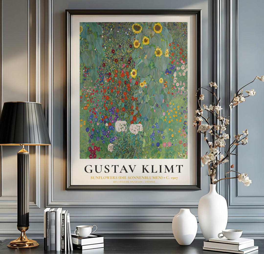 Fine art exhibition poster print of Gustav Klimt Sunflowers Die Sonnenblumen 1907 from Belvedere Museum Vienna displaying dense garden flowers. MapYourDreams provides premium framed prints, unframed paper wall poster decor, and stretched canvas choices for sophisticated interior styling.