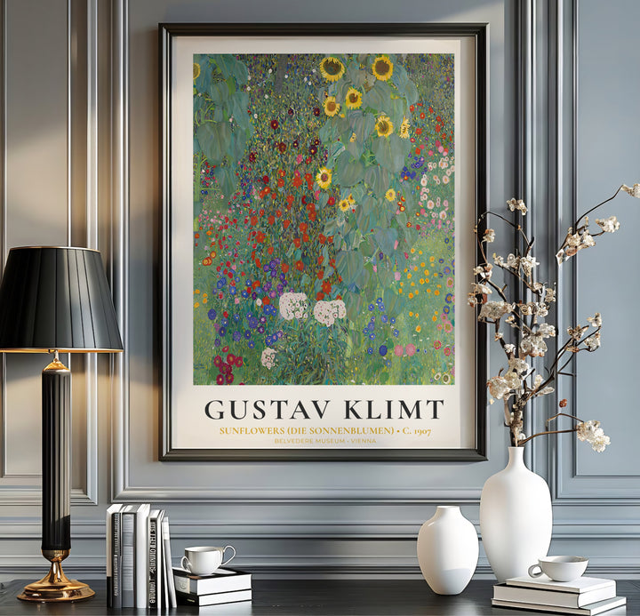 Fine art exhibition poster print of Gustav Klimt Sunflowers Die Sonnenblumen 1907 from Belvedere Museum Vienna displaying dense garden flowers. MapYourDreams provides premium framed prints, unframed paper wall poster decor, and stretched canvas choices for sophisticated interior styling.