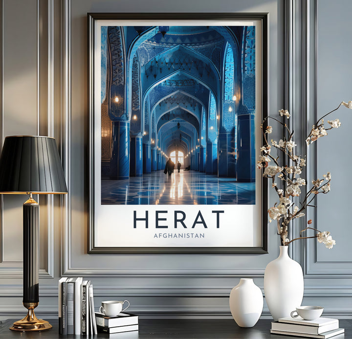 Exhibition hall print of Herat Blue Mosque Afghanistan highlighting vaulted blue stone corridors and sunbeams, presented by MapYourDreams as an unframed paper print, gallery canvas wall decor, or custom framed wall art in grey and black frames for entryway wall layout.