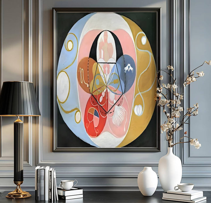 Blending minimalist esoteric elements with sophisticated spatial harmony, this Hilma af Klint Evolution No 14 represents a deeply poetic high point in avant-garde cosmic composition. Offered by MapYourDreams, this artwork is available in flexible options including unframed paper, custom wooden frames, and gallery canvas wraps.