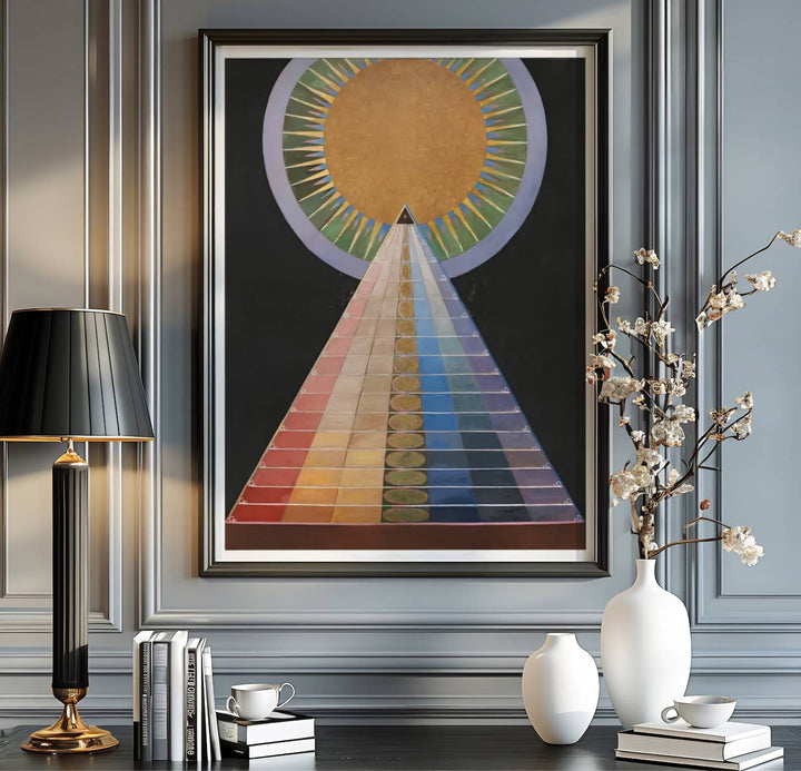 Blending minimalist esoteric elements with sophisticated spatial harmony, this Hilma af Klint Group X Altarpiece represents a deeply poetic high point in avant-garde cosmic composition. Offered by MapYourDreams, this artwork is available in flexible options including unframed paper, custom wooden frames, and gallery canvas wraps.