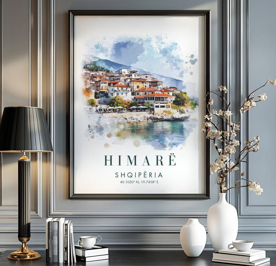 Historic coastal cityscapes and sparkling turquoise waters blend seamlessly in this beautiful Balkan landscape watercolor poster. MapYourDreams provides custom choices including unframed paper, wooden frames, and stretched canvas wraps for a polished look.