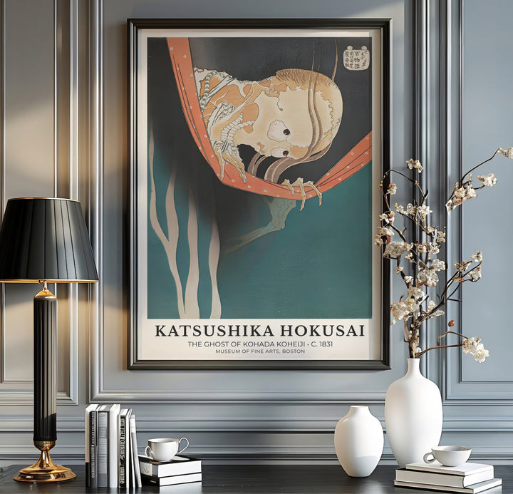 Japanese skeleton calligraphic print of The Ghost of Kohada Koheiji with deep teal tones by artist Katsushika Hokusai inspired by 1831 traditions in Boston. MapYourDreams offers versatile framed, unframed, and canvas print wall decor formats.