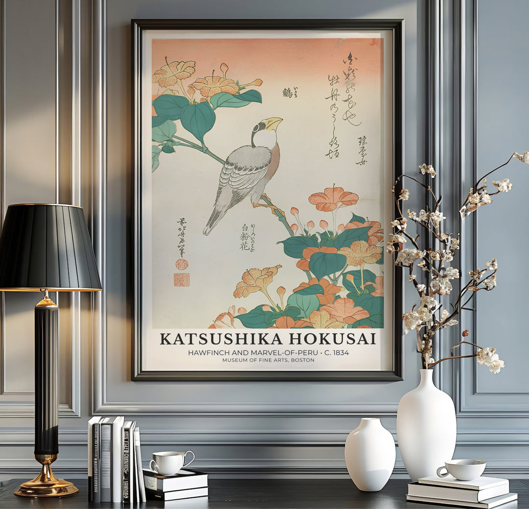 Japanese floral bird print Hawfinch and Marvel-of-Peru with soft peach tones by artist Katsushika Hokusai inspired by 1834 traditions in Boston. MapYourDreams offers versatile framed, unframed, and canvas print wall decor formats.