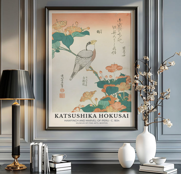 Japanese floral bird print Hawfinch and Marvel-of-Peru with soft peach tones by artist Katsushika Hokusai inspired by 1834 traditions in Boston. MapYourDreams offers versatile framed, unframed, and canvas print wall decor formats.