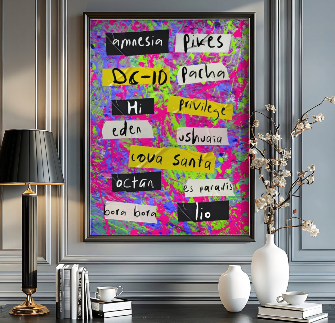 90s inspired rave graphic art print listing classic party destinations like Es Paradis and Bora Bora in Ibiza, Spain, created by MapYourDreams where customers can select an unframed poster, gallery canvas, or custom frame finish to create a music gallery wall.