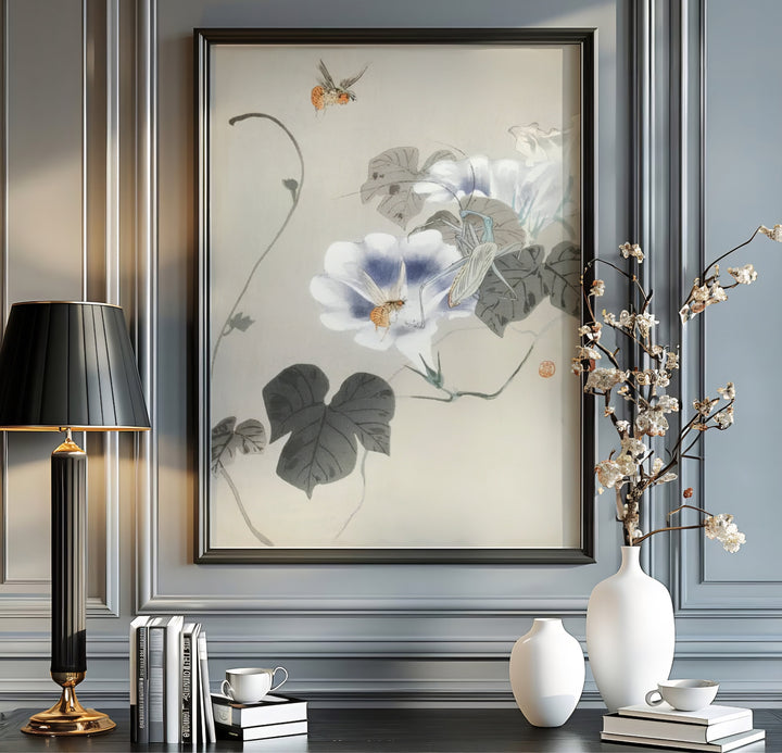 Serene 1900 1930 Japanese Shin-hanga botanical poster of Ohara Koson insect artwork by artist Ohara Koson referencing Tokyo art history. Order custom framed, unframed paper, or textured canvas print options from MapYourDreams.