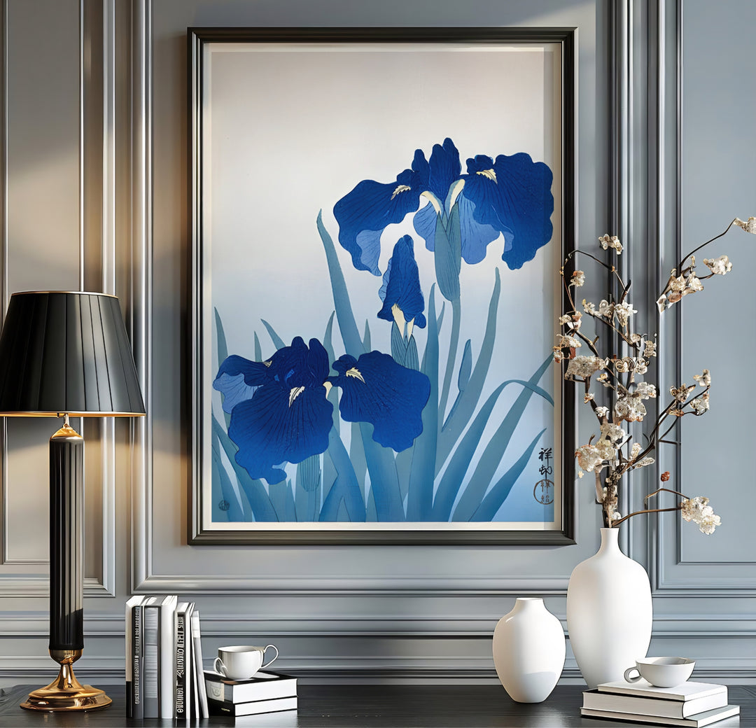 Japanese blue irises growing by a water stream by artist Ohara Koson inspired by Japanese landscape gardens in Kyoto. MapYourDreams offers versatile framed, unframed, and canvas print wall decor formats.