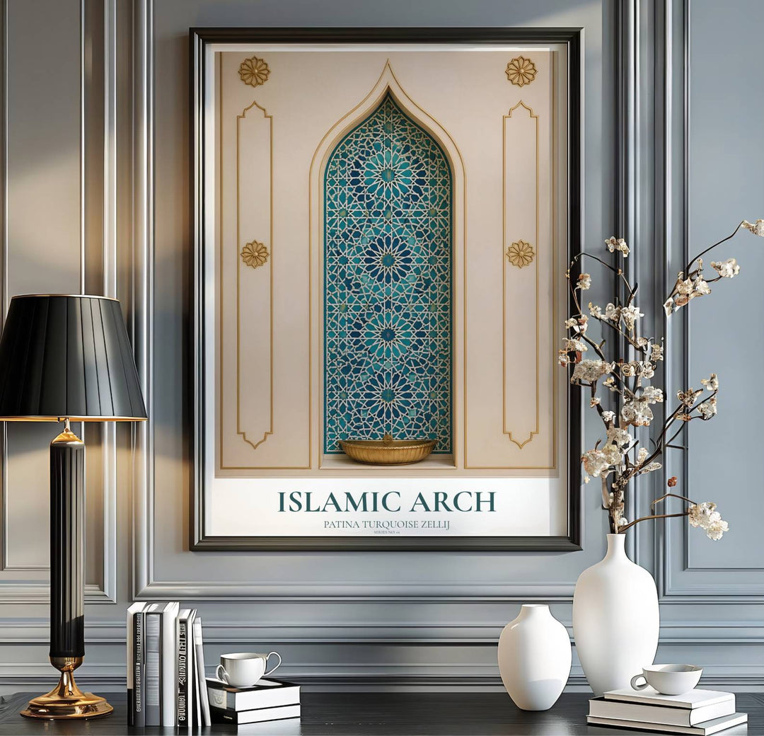 Moroccan tilework art print showing a pointed Islamic archway with patina turquoise blue zellij in a clean architectural photo style. Handcrafted by MapYourDreams, this artwork is available in flexible options including unframed paper, custom wooden frames, and gallery canvas wraps for gallery wall displays.