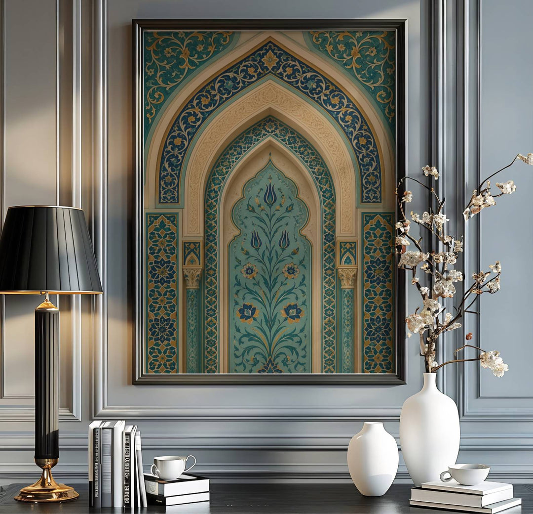 Ottoman tilework art print showing a pointed Islamic archway with turquoise blue tulip ceramic tiles in a clean architectural photo style. Handcrafted by MapYourDreams, this artwork is available in flexible options including unframed paper, custom wooden frames, and gallery canvas wraps for gallery wall displays.
