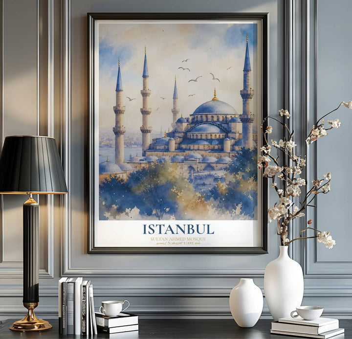 Turkey travel print showing Istanbul Blue Mosque in an elegant, atmospheric watercolor architectural art style. Handcrafted by MapYourDreams, this artwork is available in flexible options including unframed paper, custom wooden frames, and gallery canvas wraps for gallery wall displays.