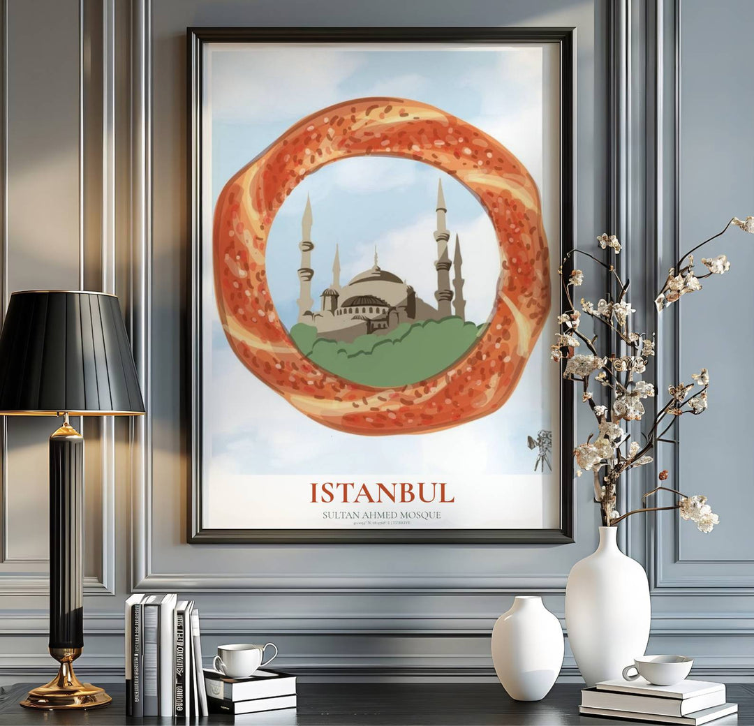 Symmetrical vector print of historic Blue Mosque in Istanbul Turkey framed inside a sesame bread ring with sky hues. Curated by MapYourDreams, this artwork is available in flexible options including unframed paper, custom wooden frames, and gallery canvas wraps tailored for interior design.