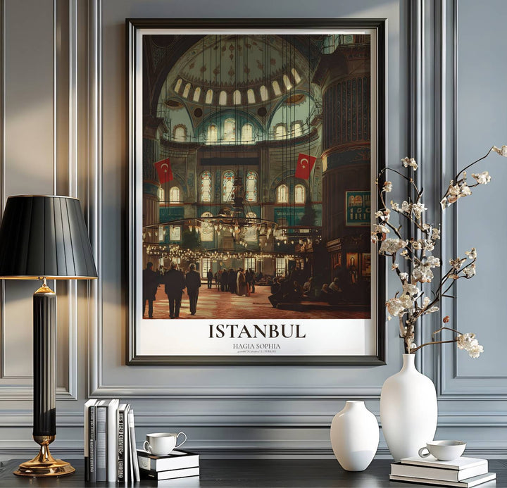 Turkey travel print showing Istanbul Hagia Sophia interior in a rich digital oil painting fine art photography style. Handcrafted by MapYourDreams, this artwork is available in flexible options including unframed paper, custom wooden frames, and gallery canvas wraps for gallery wall displays.