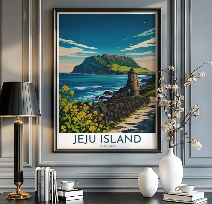 Expressive vector wall decor illustrating the volcanic terrain of Seongsan Ilchulbong on Jeju Island, South Korea, harmonizing stone statues, lush green grass, and ocean waves. Offered by MapYourDreams, this artwork is available in flexible options including unframed paper, custom wooden frames, and gallery canvas wraps.