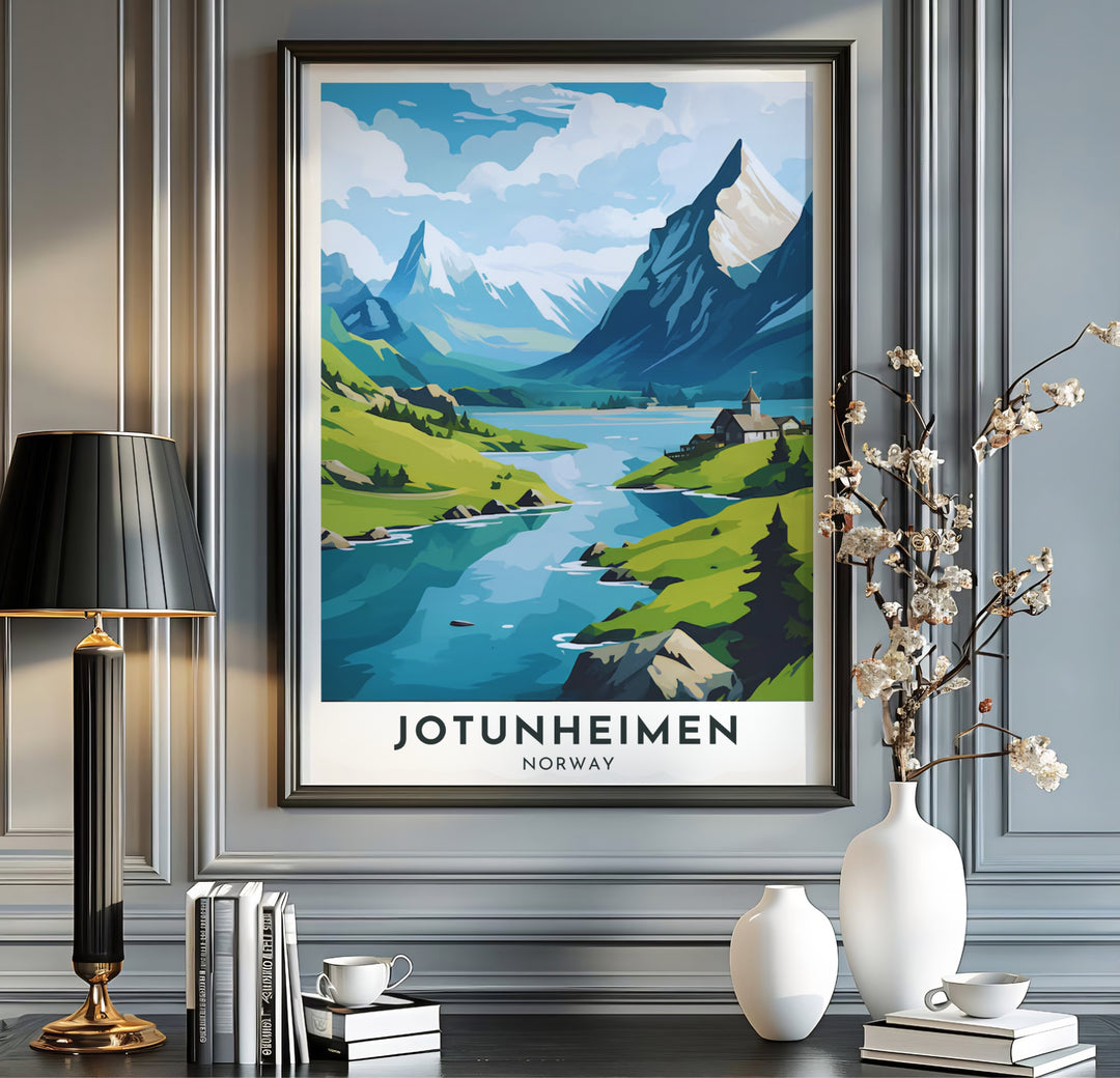 Breathtaking view of towering mountain ridges and a peaceful lake in Jotunheimen Norway with a quaint wooden church on the shoreline. This travel landscape piece is offered across multiple formats including custom framed prints, premium canvas stretched artwork, and classic unframed poster options.