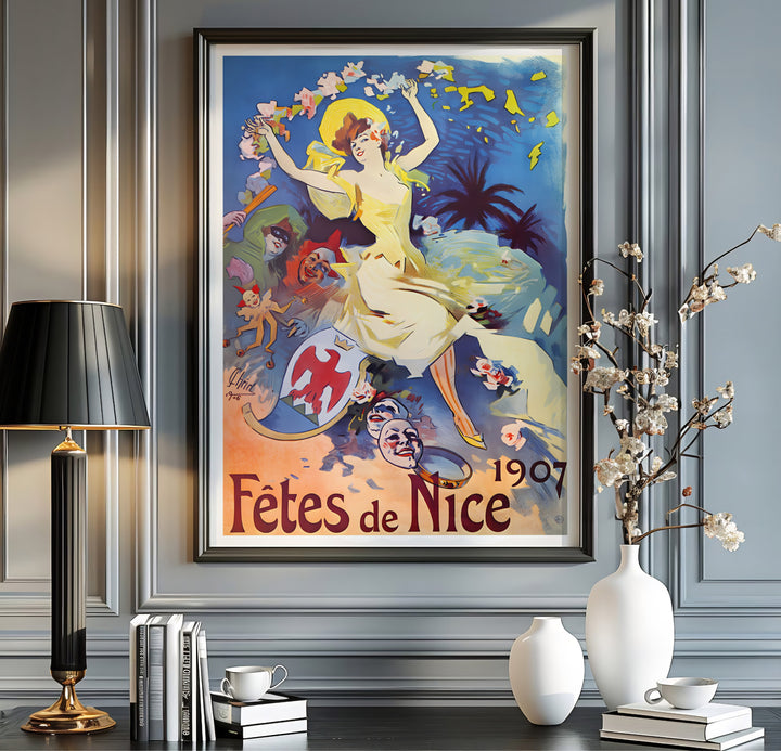 Historic French carnival canvas print Fêtes De Nice by artist Jules Chéret illustrating a floral garland over Nice France on the French Riviera. Order custom framed, unframed paper, or textured canvas print options from MapYourDreams.
