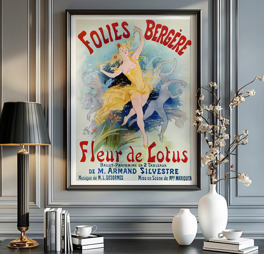 Vintage European graphic print Folies Bergère Fleur De Lotus with blue background tones by artist Jules Chéret set in Paris France. MapYourDreams offers versatile framed, unframed, and canvas print wall decor formats.