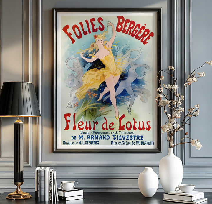 Vintage European graphic print Folies Bergère Fleur De Lotus with blue background tones by artist Jules Chéret set in Paris France. MapYourDreams offers versatile framed, unframed, and canvas print wall decor formats.