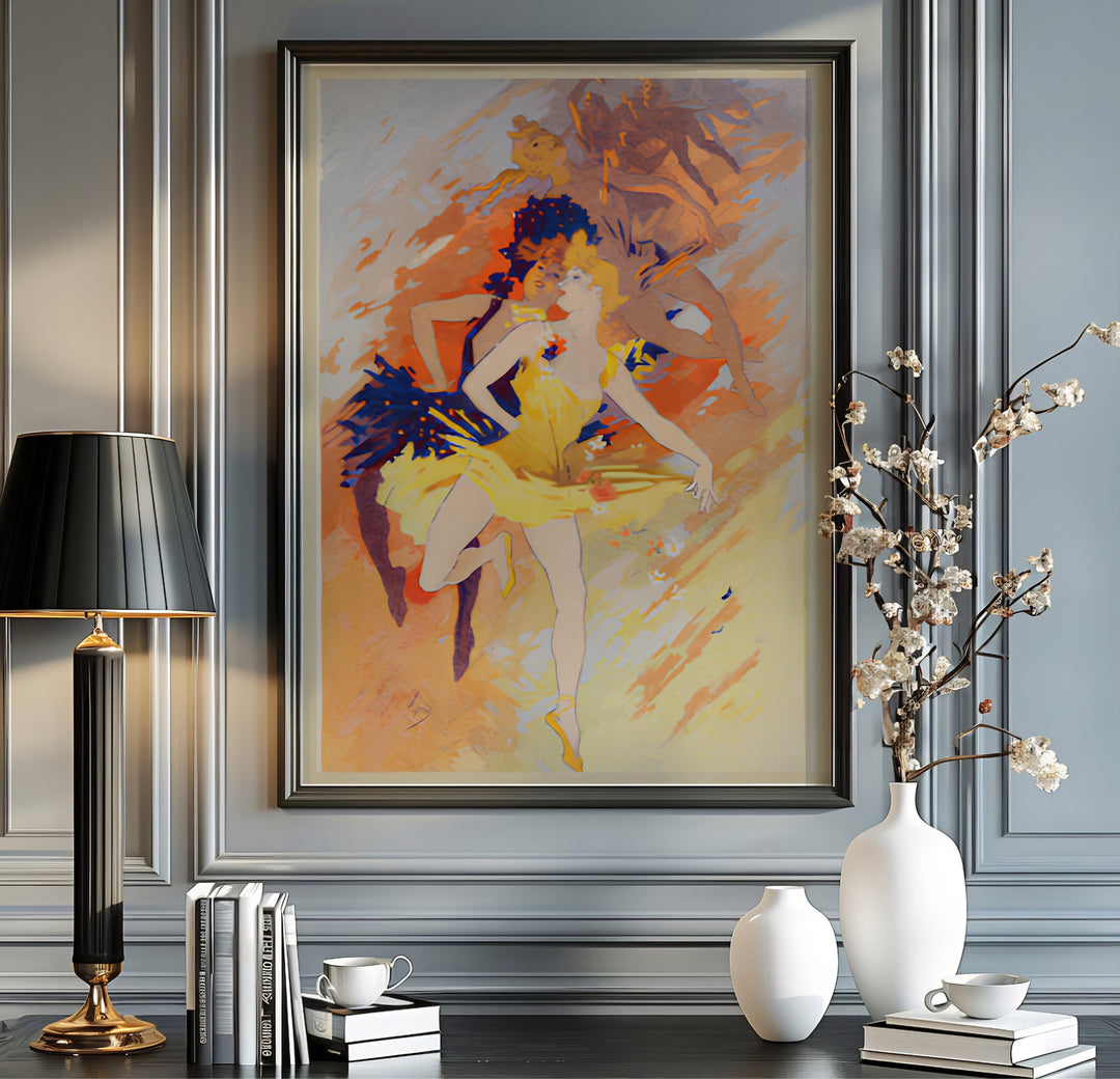 Historic French ballet canvas print La Danse by artist Jules Chéret illustrating a dancer twirling in Paris France. Order custom framed, unframed paper, or textured canvas print options from MapYourDreams.