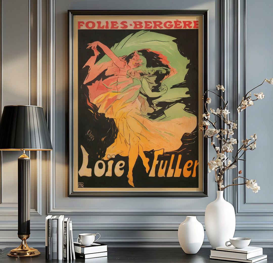 Vintage European graphic print Loïe Fuller Folies Bergère with dark background tones by artist Jules Chéret set in Paris France. MapYourDreams offers versatile framed, unframed, and canvas print wall decor formats.